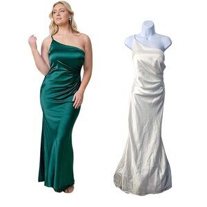 NWT REVELRY Jade Satin 77778 One Shoulder Maxi Bridesmaid Dress White Pearl Sz12